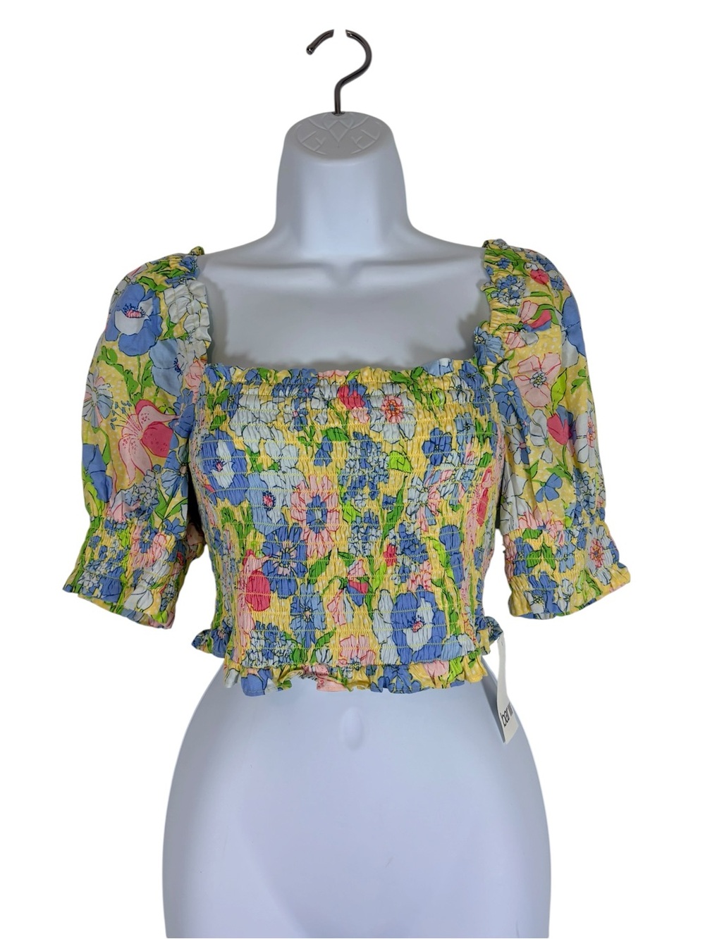 NWT Bar III Floral Smocked Crop Top Medium Cottagecore Puff Sleeve Rayon Blouse
